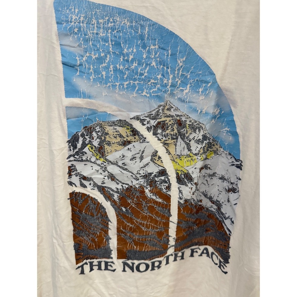 The North Face Mens Cream Graphic T-Shirt Large Mountain Back Print Short Sleeve